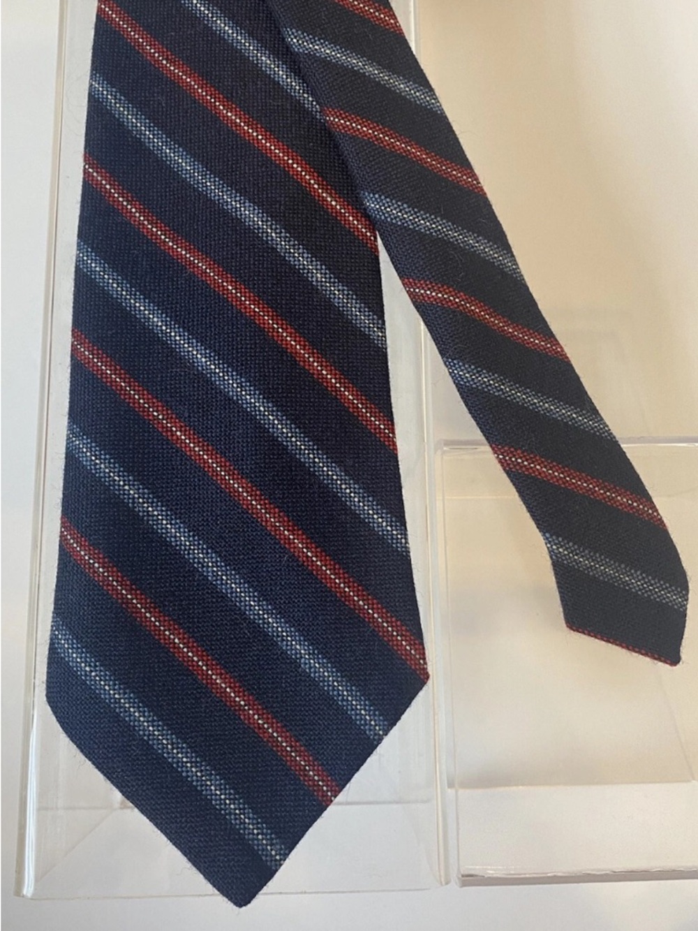Men's Navy Stripe Silk Blend Tie with Red and Light Blue Accents 100% Wool